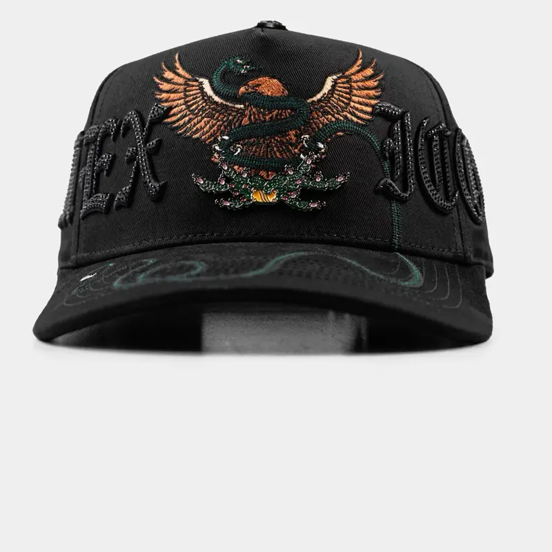 Black Embroidered Eagle Design Snapback Hat with Detailed Feather and Snake Motif for Men