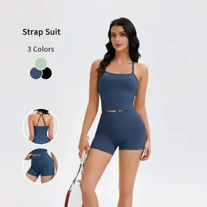Women's 2 Piece Strap Suit - Crop Top & High Waist Biker Shorts | Set for Gym, Yoga & Tennis