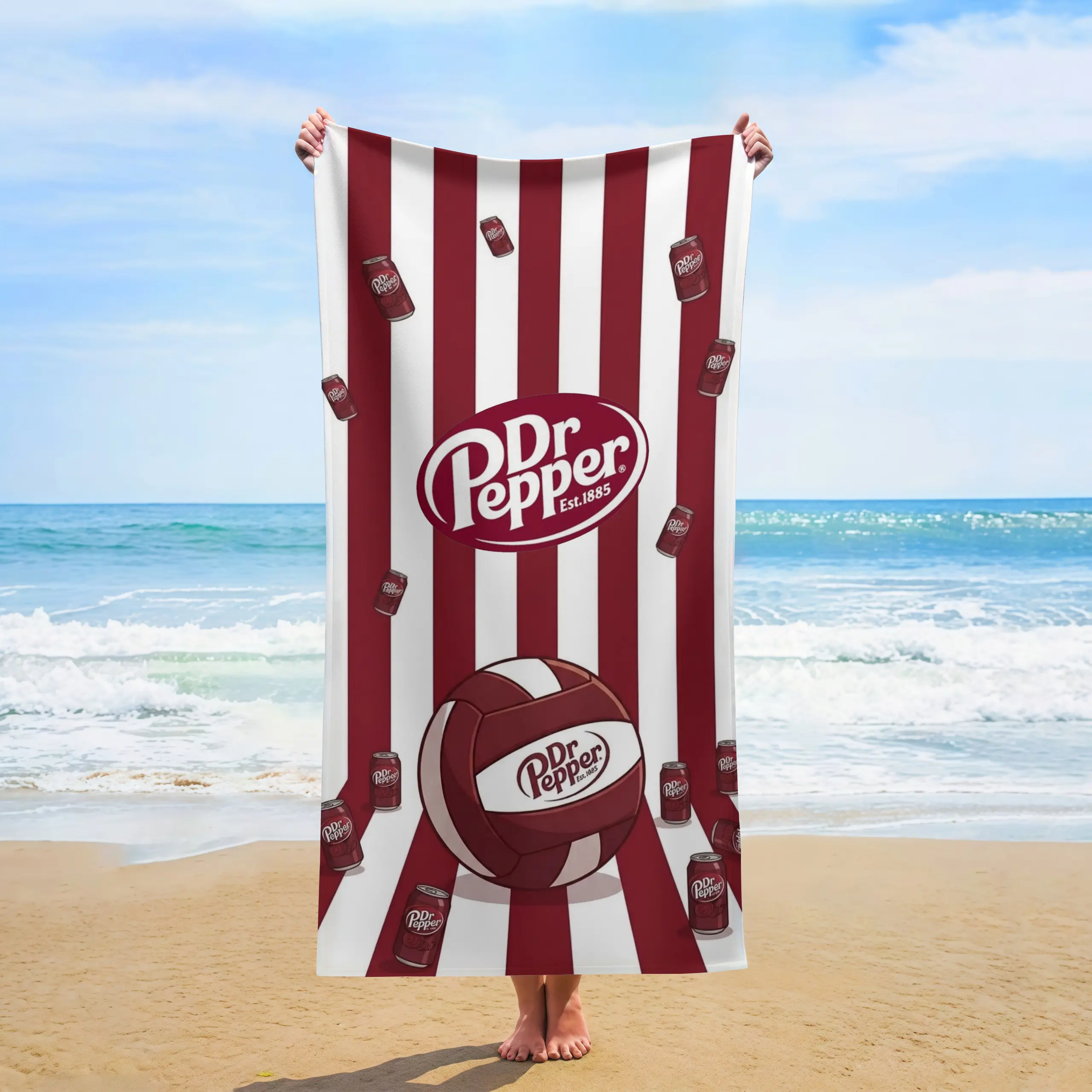 Dr Pepper Volleyball Red White Stripe Beach Towel  Soda Can All Over Print Quick Dry Towel  Sports Summer Gift