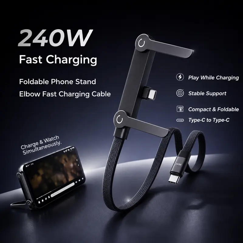 240W Super Fast Charging 2-in-1 Invisible Holder Charging Cord with Folding Stand, Single USB-C Head, Auto Off, Compatible with iPhone Samsung Type-C Devices, for Gamers Office Use (Black) car