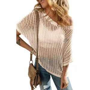 Womens Casual Summer Crochet Tops Short Sleeve Hollow Out Sweater Shirts Beach Knit Coverup