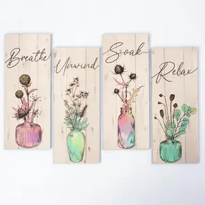 Potted Flower & Letter Pattern Wooden Hanging Sign, 4 Counts/set Farmhouse Bathroom Decor, Wall Art for Home Bathroom Decoration, Home Decor Products