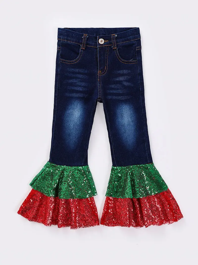 Girls' Christmas High Quality Jeans, Blue Stretchy Denim Bell Bottoms with Red Sequin Print, Affordable Fashion for 0-8t (2t Included)