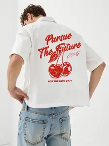 Men's American Streetwear Cherry Print Button Shirt, Vintage Style Loose Fit Woven Fabric Casual Top for All Seasons
