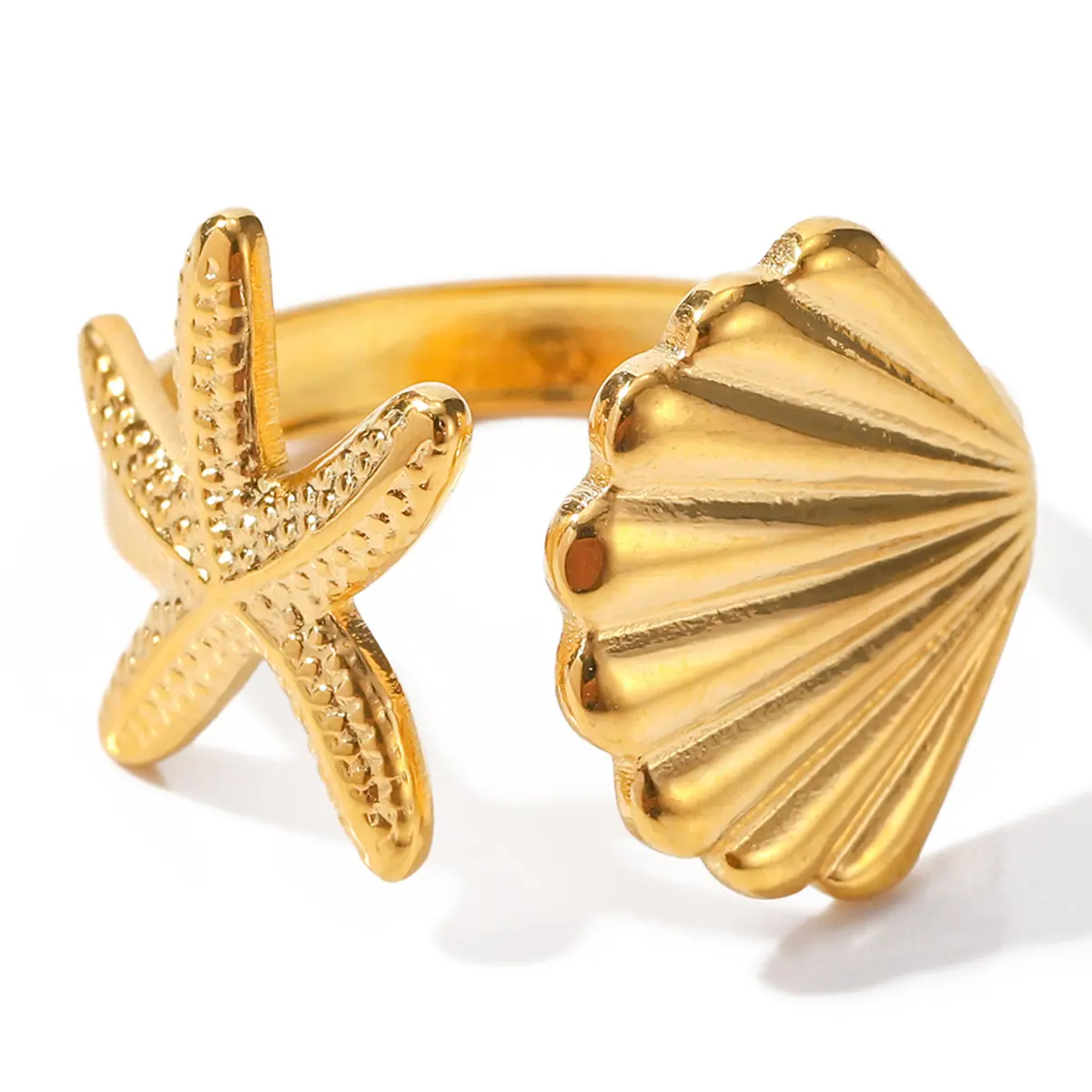 Ocean Starfish Statement Ring with Artificial Gemstone, Unisex Geometric Design Shell Jewelry, Daily Wear Gift, Geometric Design Ring