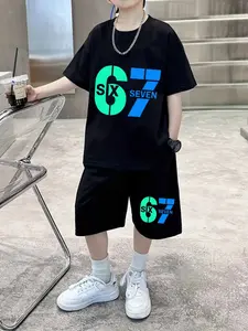 Trendy Kids Summer Set, Short Sleeve T-Shirt with Shorts, 67 Number Print, Casual Sportswear, Two-Piece