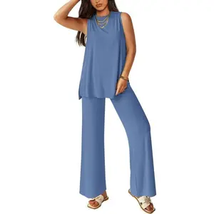 Bowhiejgh Large Stock, Prompt Delivery European and American Style Casual Round Neck Loose Vest Elastic Waist Long Pants Loungewear Set Pajama Nightwear Womenswear Stocking