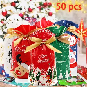 50PCS New Year Gift Bags Set, Drawstring Wrapping Bags with Tags, Holiday Reusable Goody Bags, 6 Designs, Medium Size 5.91" × 9.06"（Styles Ship Randomly）