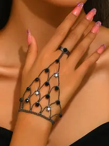 1pc Fashion Black And Silvery Women'S Rhinestone Inlaid Full Finger Ring Individual All-Match Sexy Elegant Hand Chain Suitable for Prom Party Daily