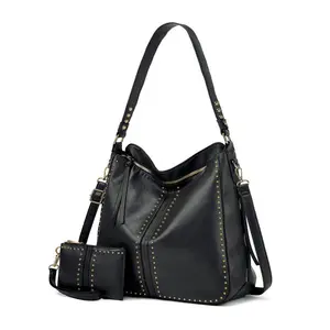 Vintage Studded Tote Bag - 2-in-1 Riveted PU Leather Shoulder & Crossbody Set