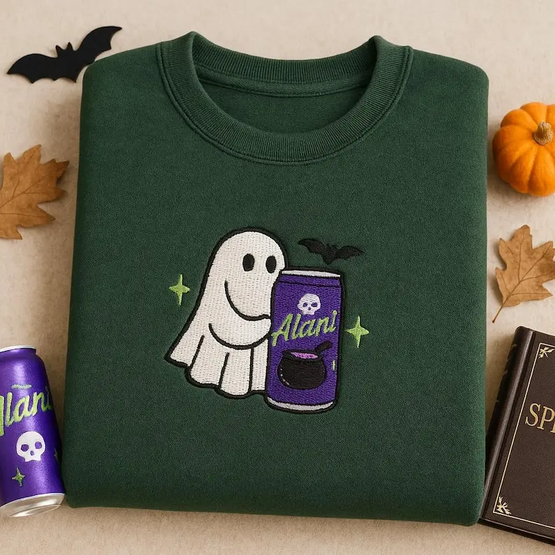 [Made In USA] Embroidered Cute Ghost Halloween Sweatshirt, Ghost With Energy Drink Fall Tee, Season T-Shirt Hoodie