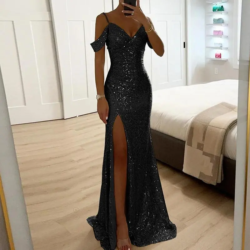 Women Elegant Shiny Sequin Solid Long Dress Fashion Hight Waist Slim Fit  Party Dress Sexy V-neck Wrap Chest Split Evening Dress - TikTok Shop