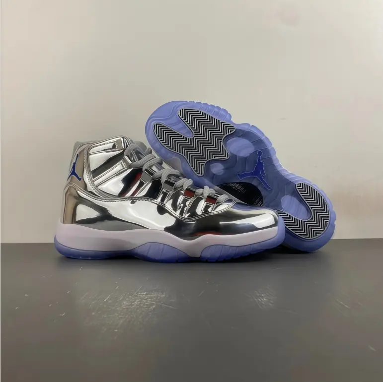 High top basketball sneakers metallic silver glossy surface pale blue rubber outsole structured ankle fit durable traction minimalist city wear timeless popular street style unisex travel walking sport sneakers