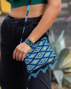 Blue Ikat - Native Beaded Purse with Geometric Blue Design - Handmade by Huichol Artisans - Mother Sierra