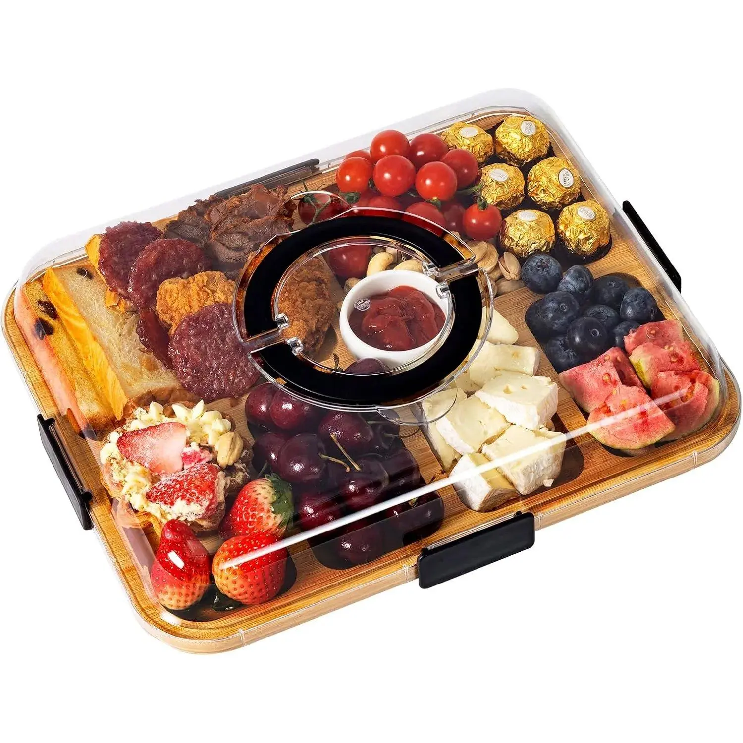 Charcuterie Board with Clear Locking Lid, Portable Travel Cheese Board & Snack Tray with Handle, 6-Compartment Charcuterie Boards, Reversible Cutting Board for Parties, Potlucks, Housewarming Gifts