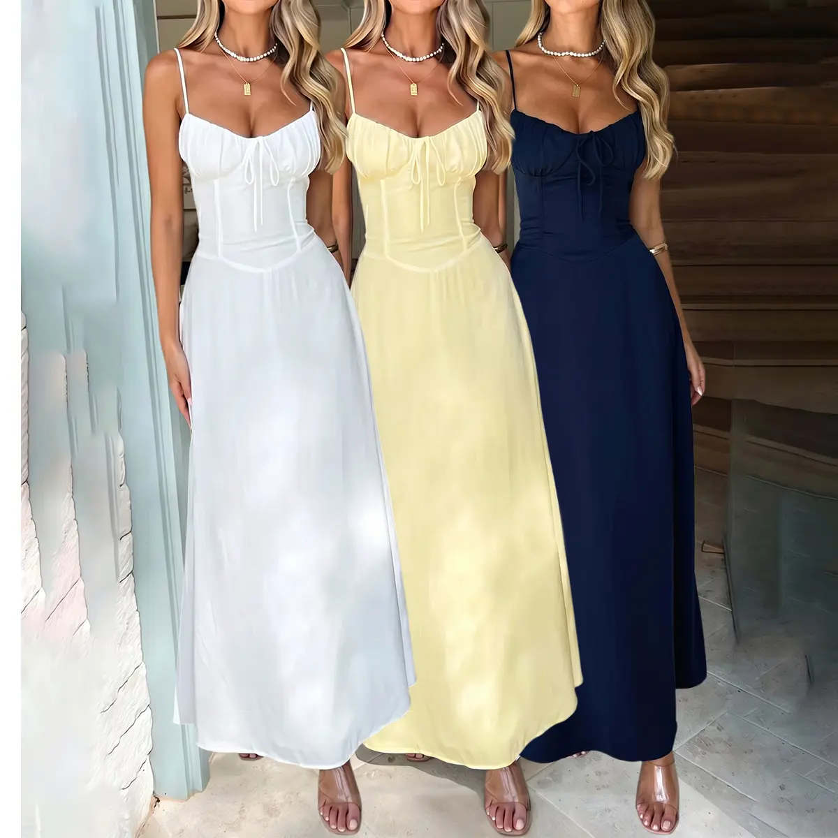 Women's Polyester Sleeveless Spaghetti Strap A-Line Maxi Sundress - Lightweight Drape Fabric, Lace-Up Corset, Front Tie, Thin, Elegant, Chic - Wedding Guest Gown, Bridal Shower Outfit - Mother's Day Gifts, Colorblock, Cold Wash Compatible