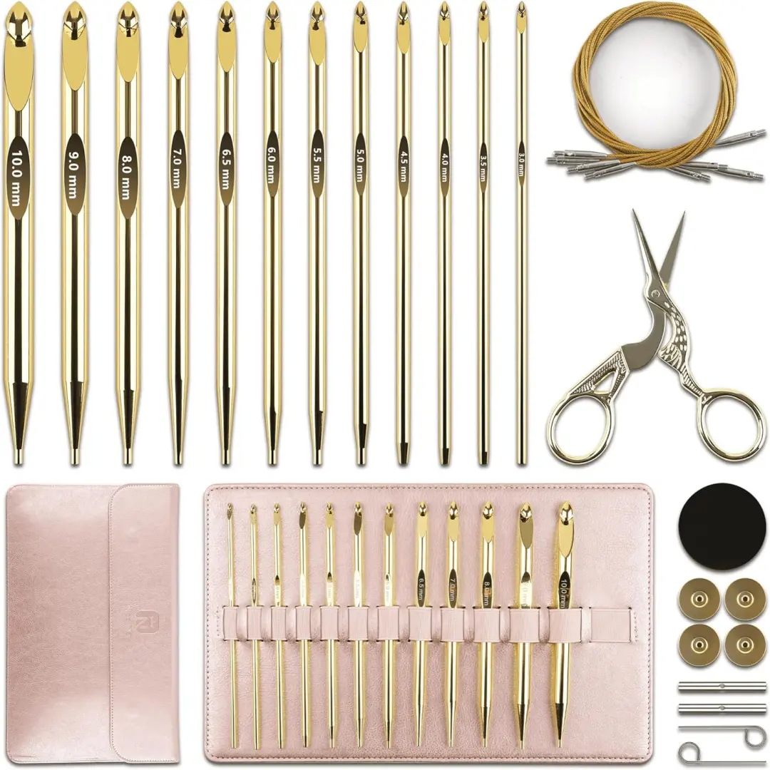 27Pc Gold-Plated Tunisian Crochet Hooks Set (3mm-10mm) - Interchangeable Aluminum Hooks with Cable, Long Tools for Craft Enthusiasts