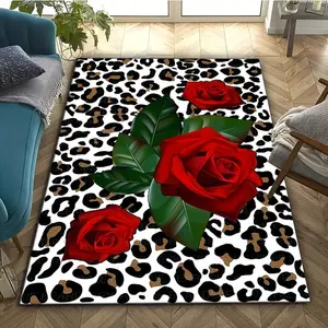 Red Rose Leopard Print Rectangular Carpet Wild Animal Floral Pattern Soft Decorative Floor Mat for Living Room Bedroom Home Decor