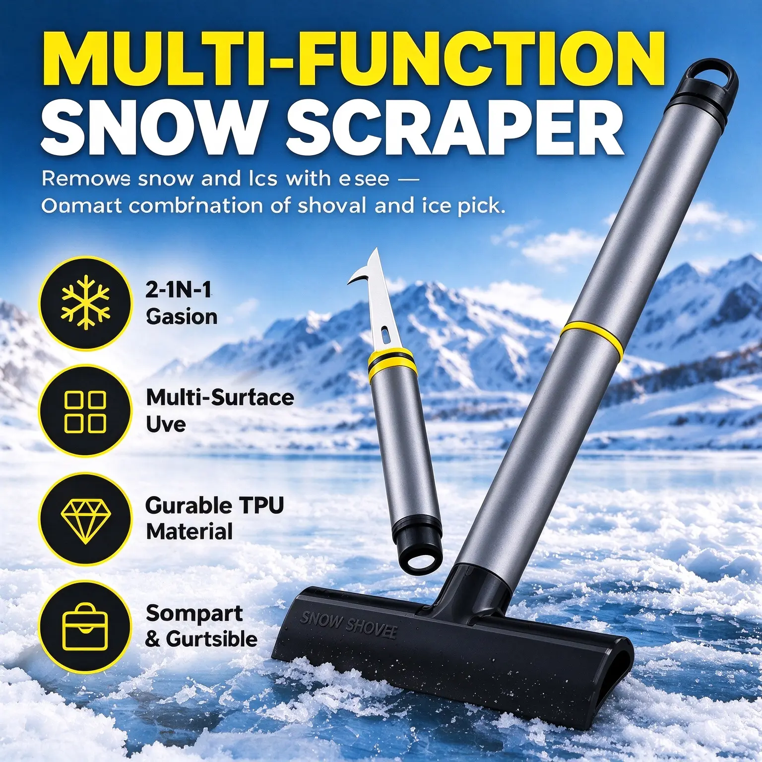 Snow Scraper & Ice Removal Tool, Multifunctional Snow Shovel with Ice Pick, Portable Winter Snow Cleaning Tool for Cars, Driveways, Sidewalks & Outdoor Use