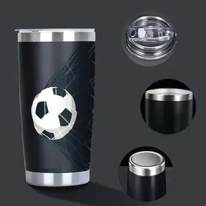 600ml/20oz Football-Themed Stainless Steel Tumbler - Double-Wall Vacuum Insulated Cup with Soccer & Goalpost Design, Leakproof Lid, Soccer Player Footprints - Ideal Gift for,, Fans (Black, 304 Steel)