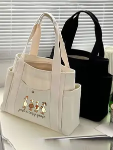 Solid Color, Large Capacity Women's Tote Bag, "Just a Cozy Goose" Duck Print, Zip Closure Shoulder Bag, Stylish and Versatile School Bag, Lightweight Tote Bag. Commuter Bag, Sturdy Shopping Bag, Exquisite Shoulder Bag, High-Quality Women's Handbag.