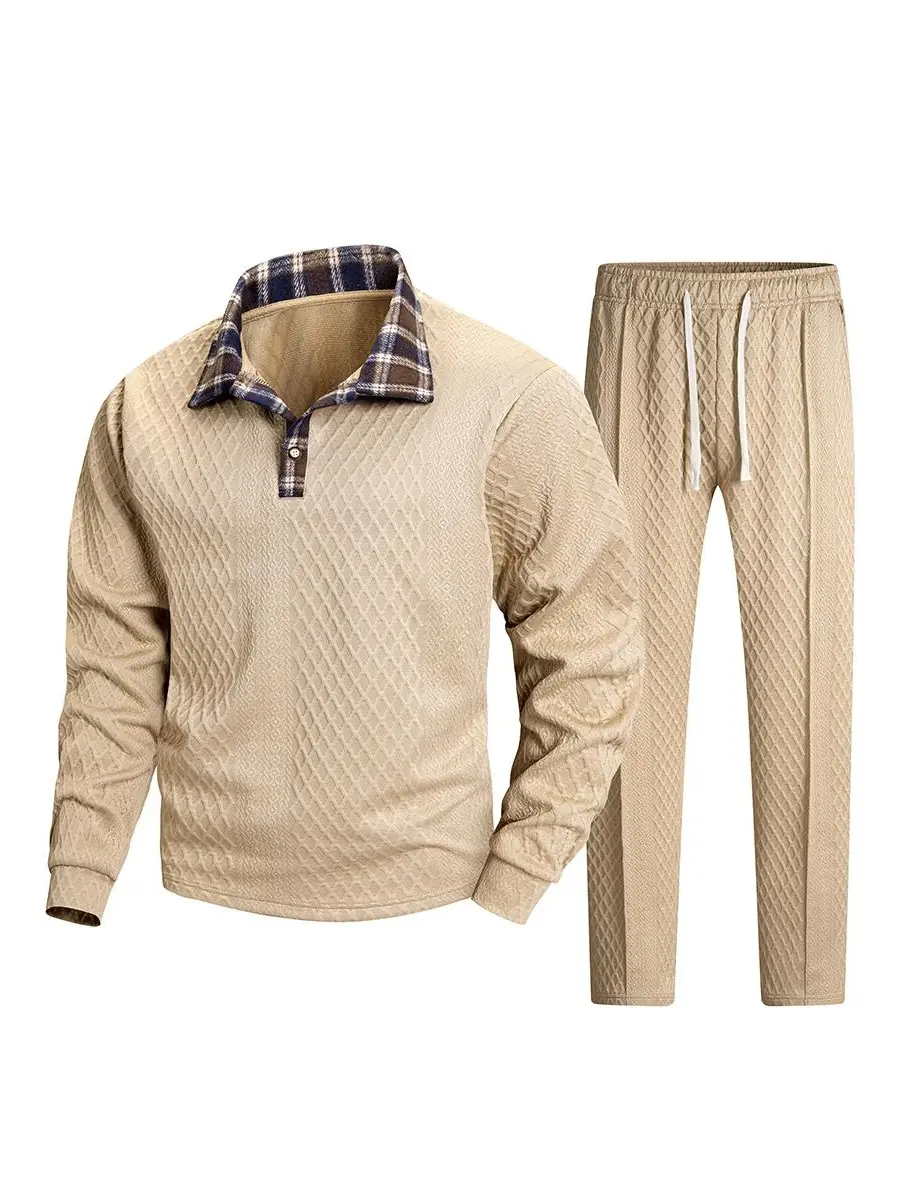 Men's 2-Piece Tracksuit Set, Smart Casual Waffle Jacquard Long Sleeve Snap Button Polo with Plaid Collar and Loose Fit Drawstring Pants, Elastane, Polyester Blend, Ankle Length, Diamond Grid, Adjustable Waist, Below The Ankle, Breathable, Cold Wash, Colla