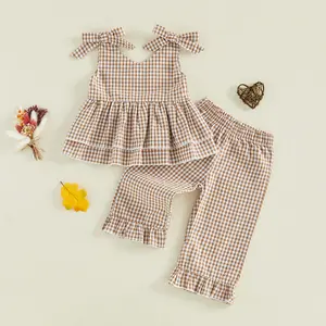 Toddler Girl Summer 2 Piece Outfit, Tie Shoulder Sleeveless Ruffle Peplum Top & Gingham Linen Pants with Ruffle Cuffs