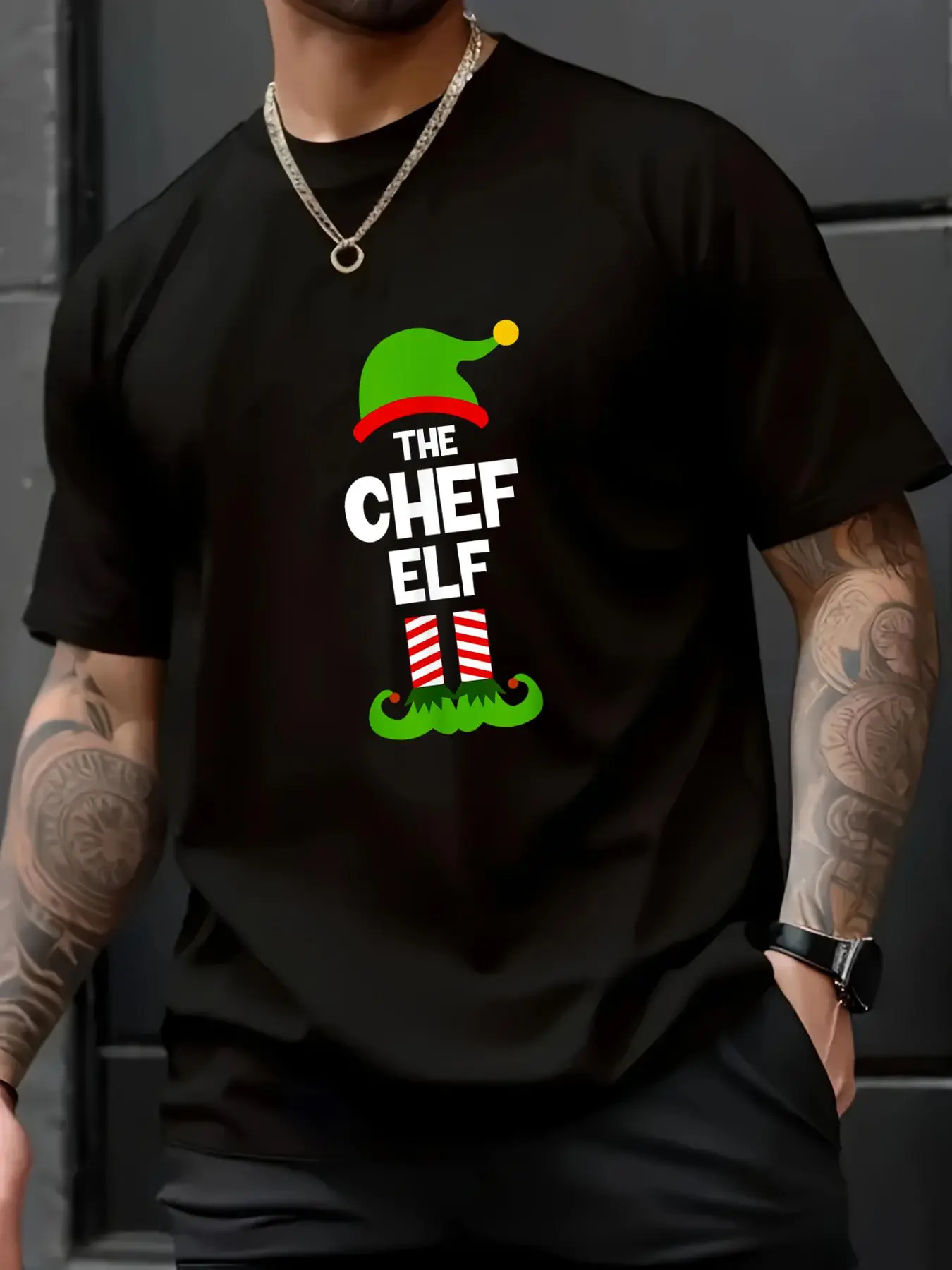 100% Cotton Unisex Funny The Chef Elf Christmas Family Party Pajama Cooking T-Shirt,spring/autumn Christmas snowflake fun pattern men's T-shirt