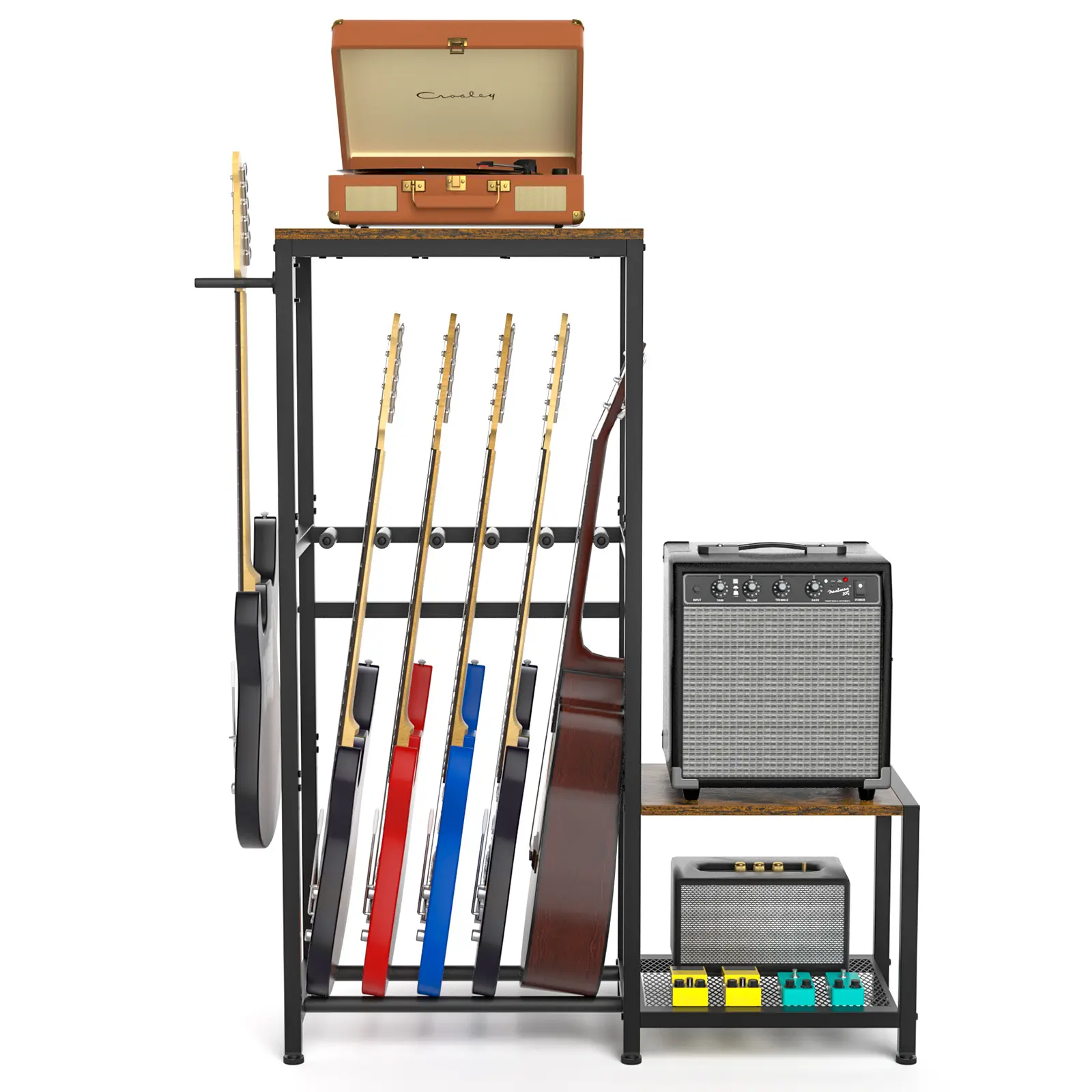 Guitar Stand, Guitar Rack Holder With Record Player Stand, Multiple Guitar Display Stand For 4-6 Acoustic, Electric Guitar, Bass Etc. Adjustable Guitar Amplifier Stand For Music Room Studio