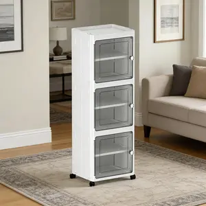 Expanded Bathroom Storage Cabinet, 3-Tier Tall Cabinet Organizer with Wheels, Foldable Plastic Storage Bin for Kitchen, Laundry Room or Home, White