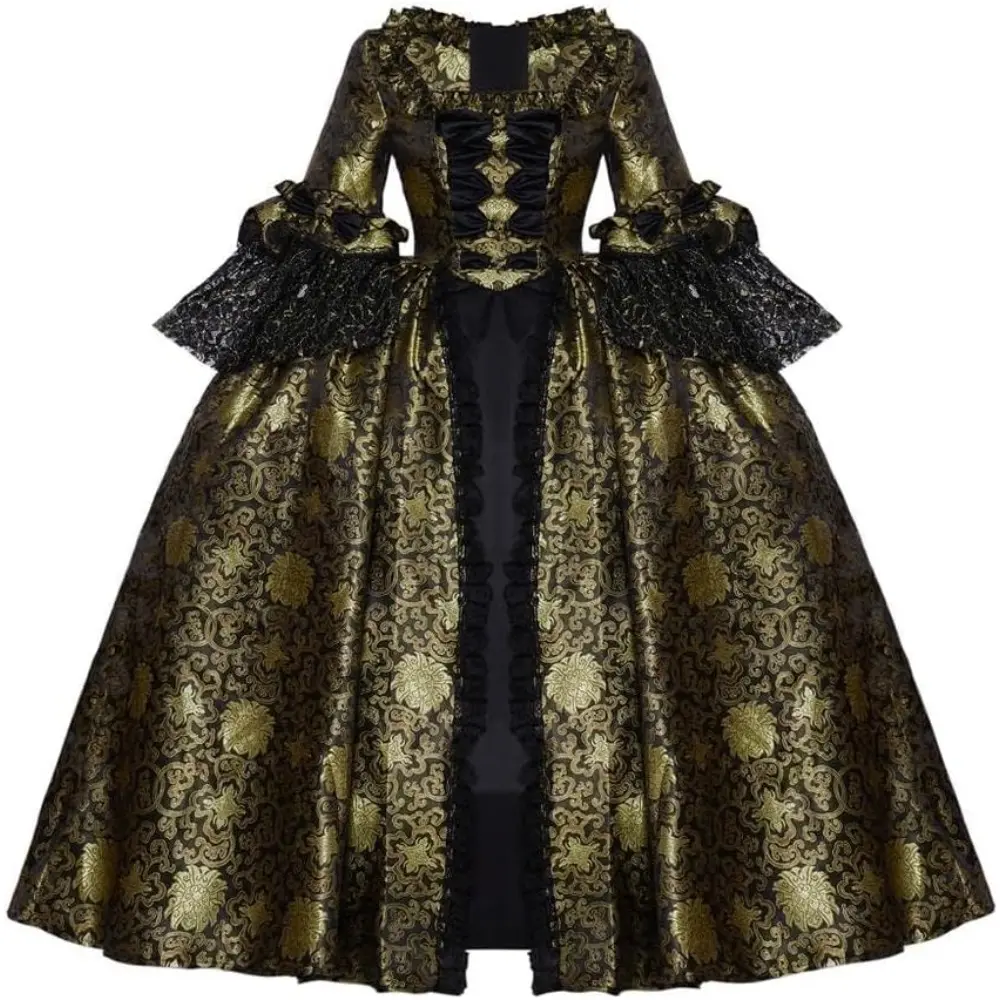 Women's Marie Antoinette Style Gold & Black Sleeveless Prom Dress - Lace Corset Bodice, Corset Neck, Structured Waist, Full Length Full Skirt, Lace Trim, Polyester, Baroque Rococo, Cosplay, 3XL, Ball Gown