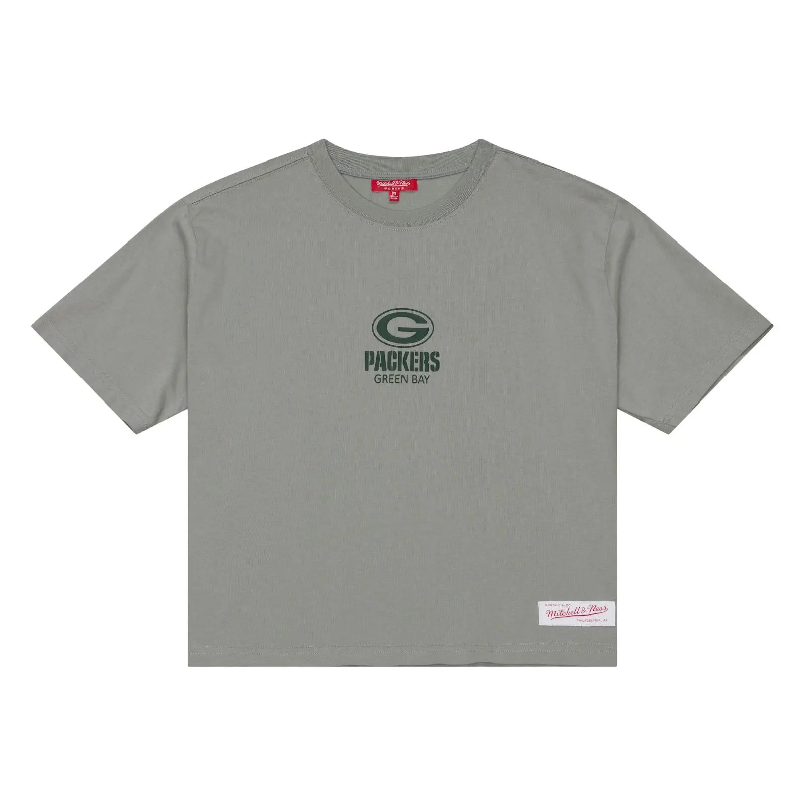 Women's Green Bay Packers Gray Core Essentials Cropped Boxy T-Shirt NFL Throwback Tee Graphic Vintage Fan Gear Mitchell & Ness