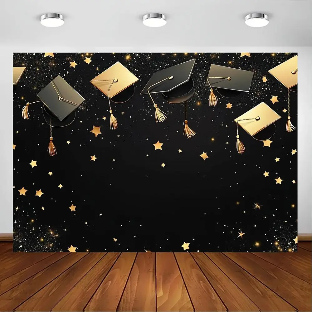 Reusable Polyester Graduation Tapestry Banner, 1pc Horizontal Backdrop with Elegant Golden Caps, Stars on Black Background, Lightweight Peach-Light Beige Fabric for Graduation Decorations, Photo Booth, Banners,summerwins