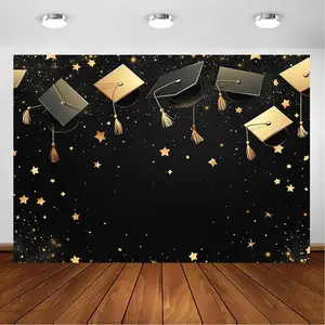 1pc Graduation Tapestry - Elegant Golden Caps & Stars on Black Background, Horizontal Party Backdrop for Graduation Decorations, Photo Booths, Live Streaming - Lightweight Peach Light Beige Fabric