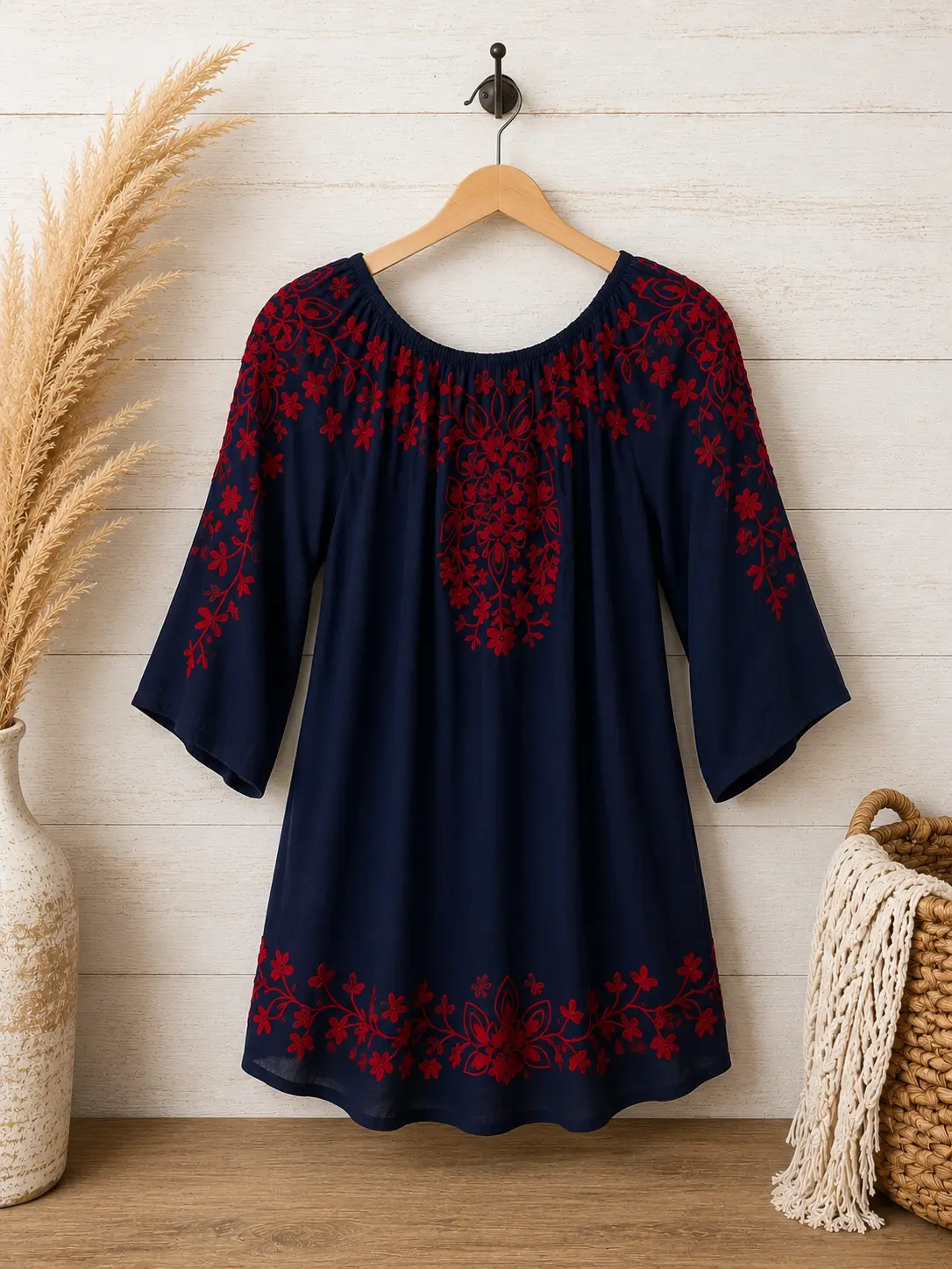 Women's Midnight Bloom Embroidered Peasant Blouse - Embroidery Detail, Lightweight, Feminine Fit, Elastic Design, Casual, Cowboy