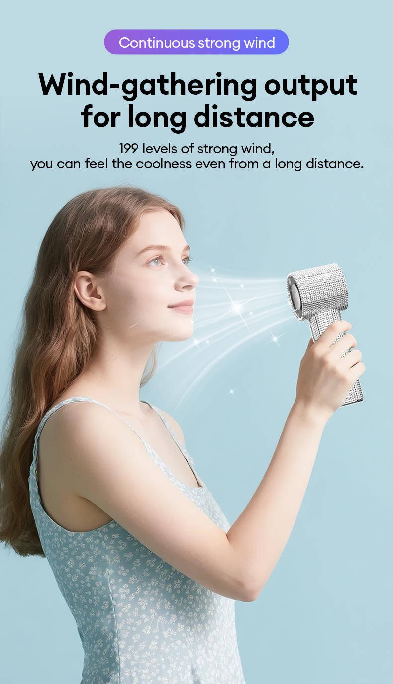 PAXA M15 Full Diamond Luxury Craftsmanship Portable Handheld Fan, 3 Gear Wind, Rechargeable Long Battery Life Hand Fan With Digital Display For Outdoor Activities, Travel, Office, Wonmen's gift