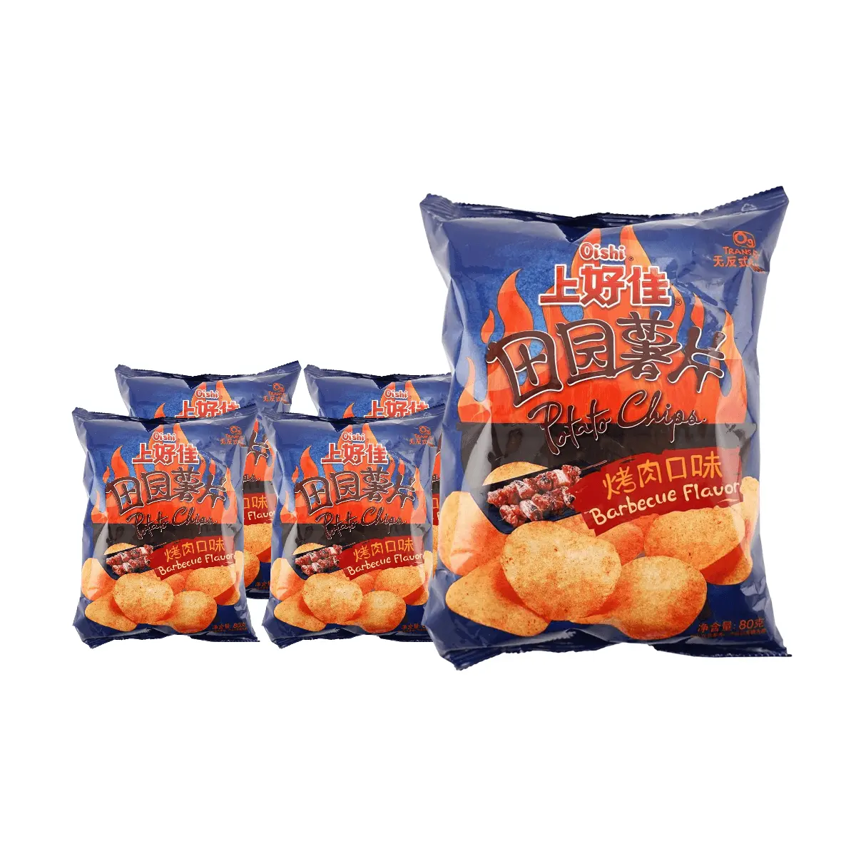 OISHI Grilled Pork Flavor Potato Chips 5-Pack (80g Each) - Savory Snack Variety Bundle