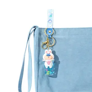 Cute Bunny Doll Liquid Boba Cup Keychain Blue Cartoon Strap Bag Pendant Glitter Floating Keychain Trendy Aesthetic Bag/Key Fashion Accessory