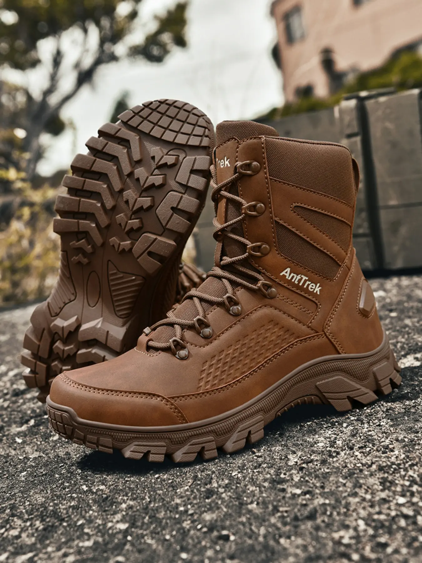 Men's Outdoor Durable Hiking Boots, Waterproof Mid-Calf Mountaineering Trekking Shoes, Rock Climbing, Tactical Wear, All Seasons, Sporty Style