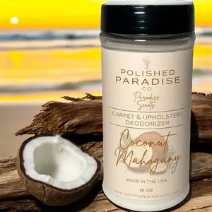 Polished Paradise Co Paradise Scents Carpet and Upholstery Deodorizer, Coconut Mahogany Scent Powder for Rugs and Textiles, 16 Oz