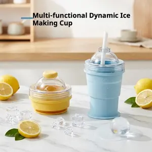 Collapsible Silicone Ice Cup with Straw, 2-in-1 Portable Ice Ball Maker & Leakproof Travel Water Bottle, Food-Grade Foldable Freezer Cup for Summer Outdoor, Camping, Hiking, Travel, Reusable Iced Coffee Tumbler