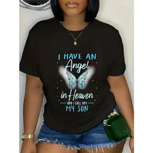 180g Printed Round Neck Short Sleeve T-Shirt Son I Have Angel in Heaven Love Family Remembrance T-Shirt shirts women vintage graphic tees