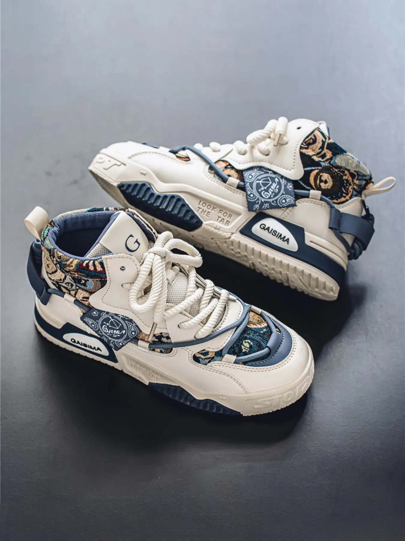 Men's High-Top Walnut Flower Sneakers, Thick Sole Height Increase Casual Shoes, Print Hip-Hop Style Anti-Slip Wear Resistant Outdoor Dad Shoes