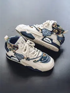 Men's High-Top Walnut Flower Sneakers, Thick Sole Height Increase Casual Shoes, Print Hip-Hop Style Anti-Slip Wear Resistant Outdoor Dad Shoes