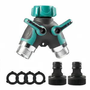 2-Way Garden Hose Splitter – Heavy-Duty Metal Faucet Connector – High Flow Spigot Adapter for Outdoor Watering, Green Y-Shaped Bib – Fits Standard Hoses & Faucets