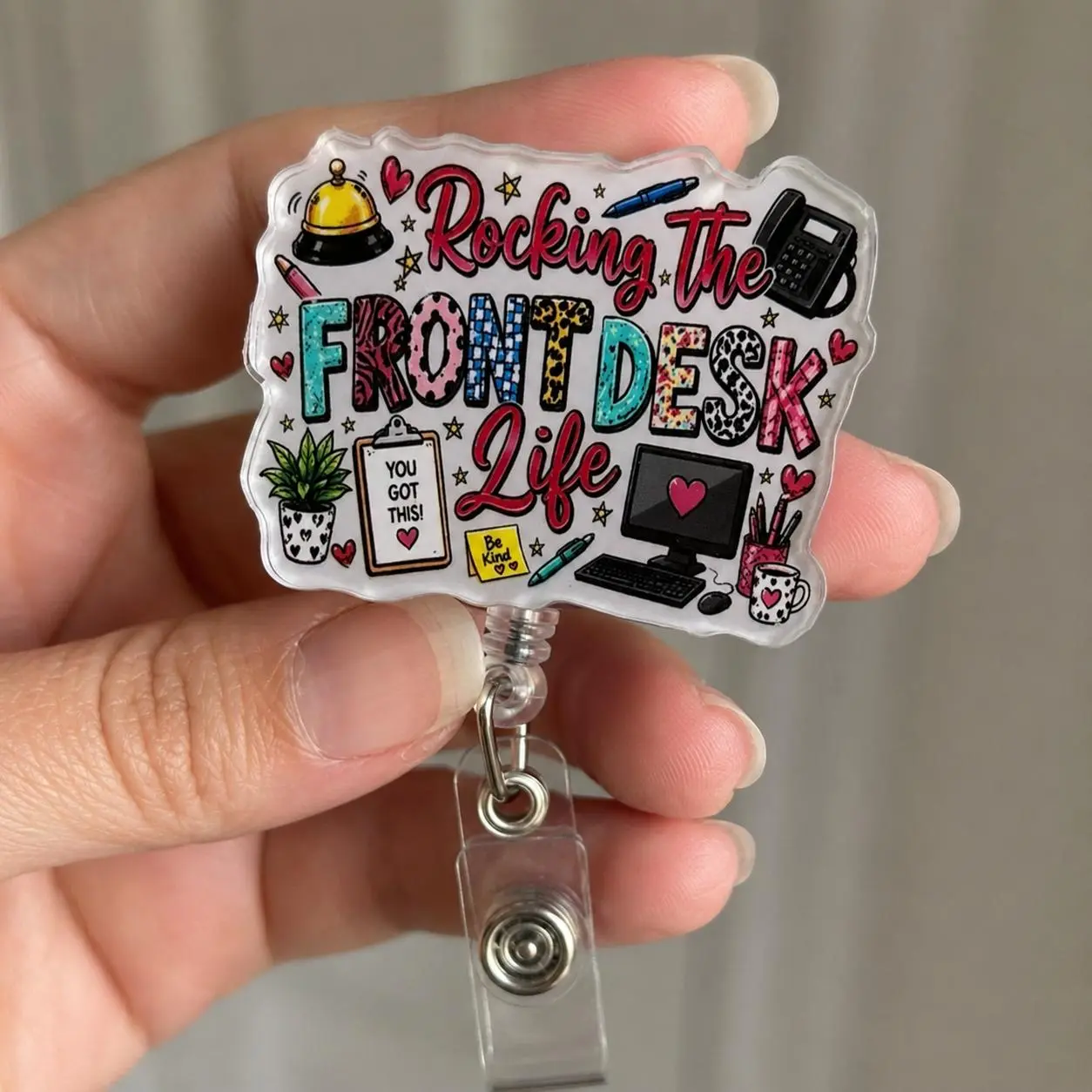 Front Desk Badge Reel – Rocking the Front Desk Life Retractable ID Badge Holder, Cute Receptionist Gift for Hotel Staff, Office Admin & Customer Service