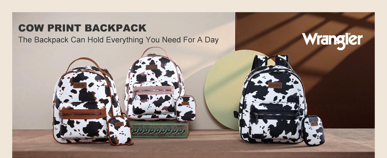 Wrangler Medium Cow Print Backpack Cute Daypacks Bookbag Purse for Women Casual