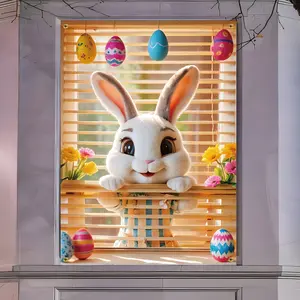 2D Flat Banner 1PC Easter Bunny Window Flag Decoration, Festive Bunny and Egg Design, No Electricity Needed, Suitable for Home, Garden, Entrance, Easter Party Decoration, Wall Decor Flags, Yard Sign Banner, Party Decorations Banners