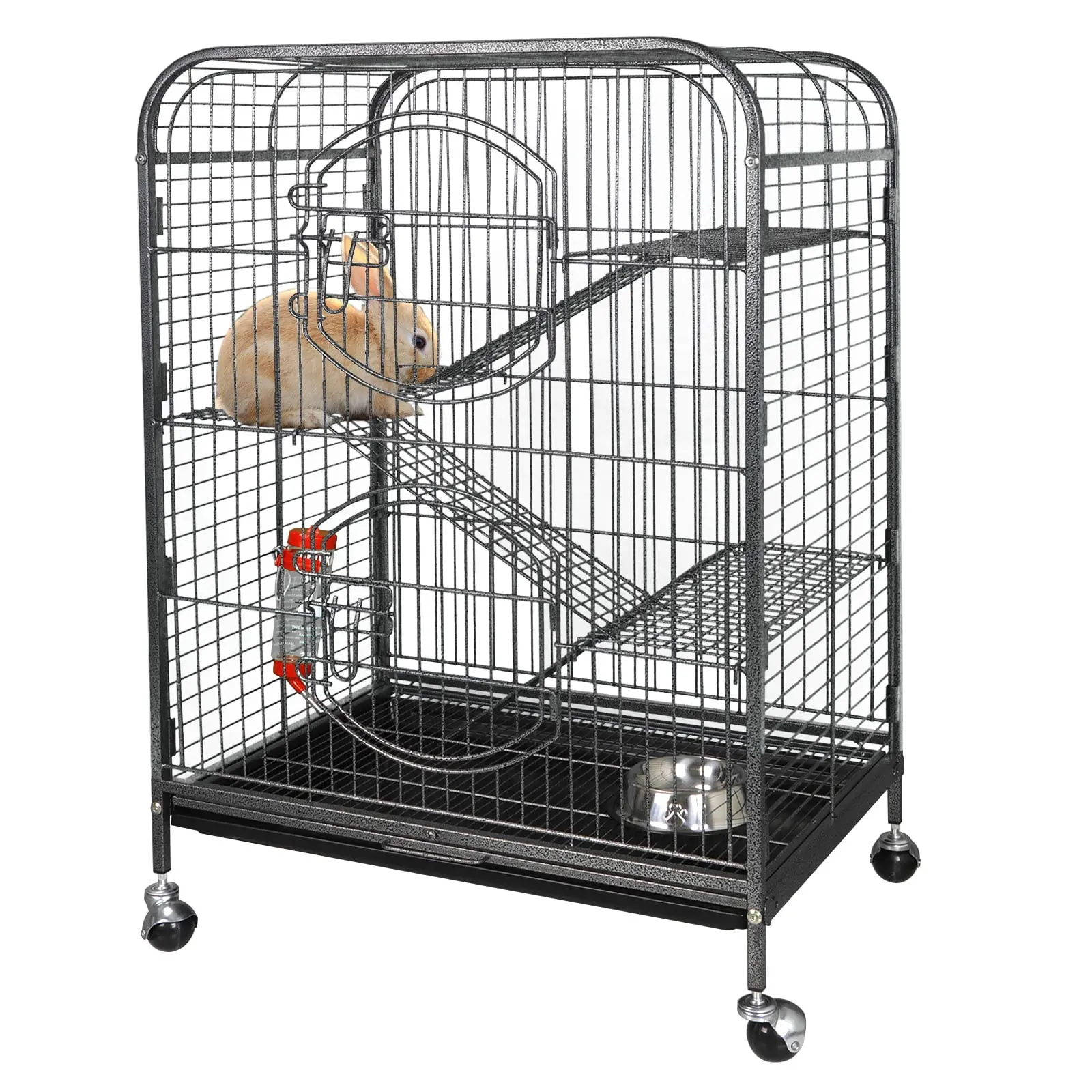 37-in Coated Metal Small Animal Cage - 4 Tiers, 3 Ramps, 2 Front Doors for Easy Access, Steel Wire Frame, Indoor Habitat for Ducks Rabbits with 250ml Water Bottles, Rabbit Hutch