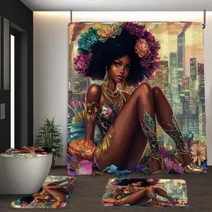 1/4 pcs African female pattern bathroom decoration set, non-slip floor mat, U-shaped carpet, toilet lid cover, perfect for bathroom decoration, partition, beautify the space, free 12 shower curtain hooks